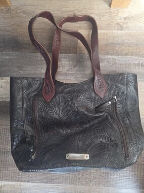 American West Tooled Leather Brown Tote with Contrast Handles